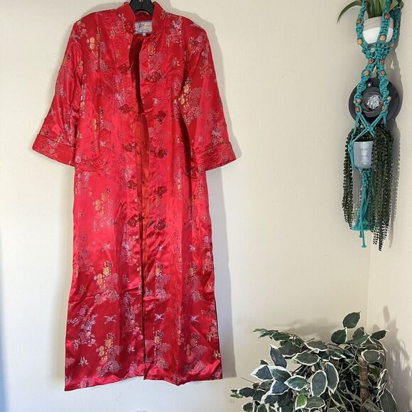 VTG Solz Squirrel Chinese Long Robe Dress Jacket Red Embroidered Pockets L Satin - Picture 8 of 8